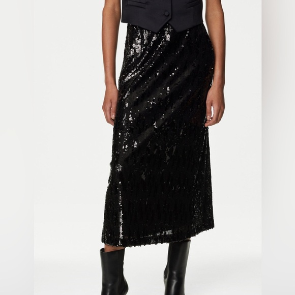 MARKS & SPENCER Black Sequin Midaxi Slip Skirt - Picture 1 of 2
